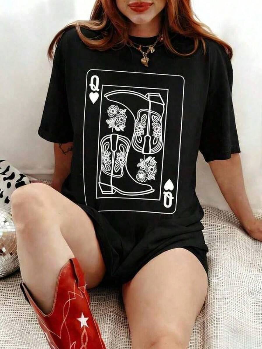 1 pieza Camiseta de manga corta de cuello redondo holgada unisex de 180g, 100% algodón puro transpirable y suave, estilo Y2K Bababask con estampado gráfico moderno, ideal para mujer y hombre, perfecta para uso diario, festivales, conciertos y todas las estaciones - Negro - Ver 1