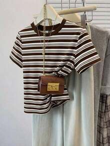 Camiseta holgada de cuello redondo y manga corta de estilo minimalista casual para mujer, con estampado de rayas, conjunto de ocio para mujer - Multicolor 4 - Ver 8