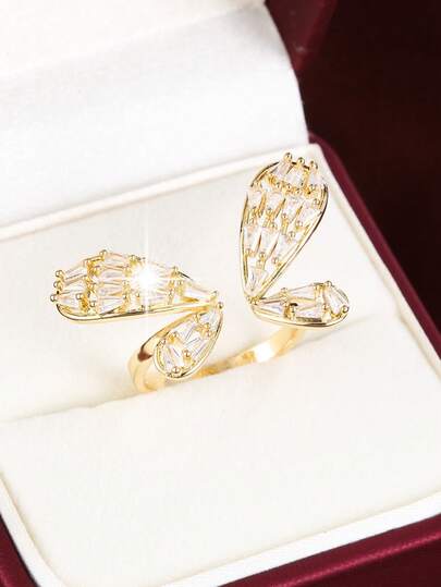 1pc Adjustable Butterfly Shaped Ring With Artificial Zirconia Stones, Fresh Countryside Style