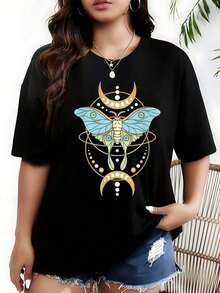 Camiseta de Mujer Talla Grande con Diseño Divertido de Mariposa Luna, 1 Pieza, Camiseta Gráfica de Manga Corta, Novedosa, 100% Poliéster, Cuello Redondo Casual, 220g - Negro - Ver 1