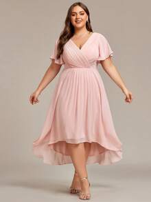 EVERPRETTY Plus Size Women's Chiffon Bridesmaid Dress, Deep V-Neck Ruffle Short Sleeve Pleated Mid-Length, Elegant And Dignified - Pink - View 4