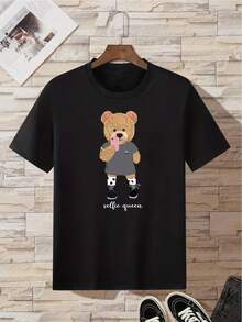 Camiseta con estampado de oso de caricatura y letra - Negro - Ver 8