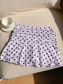 Minifalda acampanada fruncida con estampado de lunares para el verano - Púrpura polvoriento - Ver 4
