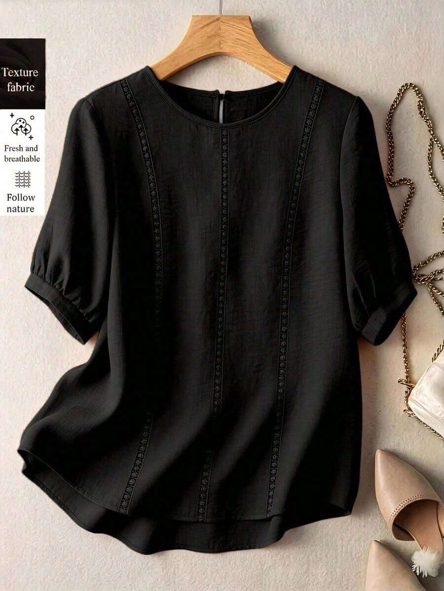 2026 Nueva camisa de verano para mujer, camisa casual de color naranja con parches, ribete de encaje teñido, mangas abullonadas, corte holgado, cuello redondo, manga corta, camisa de mujer con parches de encaje teñido, camisa naranja de mujer, camisa de mujer con ribete de encaje y parches, atuendo de primavera - Negro - Ver 1