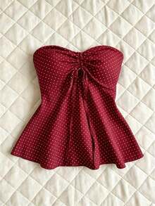 Top de tirantes con cintura ceñida y estampado de lunares, trajes de baño de primavera/verano para mujeres con parte superior de lunares con lazo, blusas de verano para mujeres con estampado de lunares, top sin tirantes con estampado de lunares - Burdeos - Ver 1