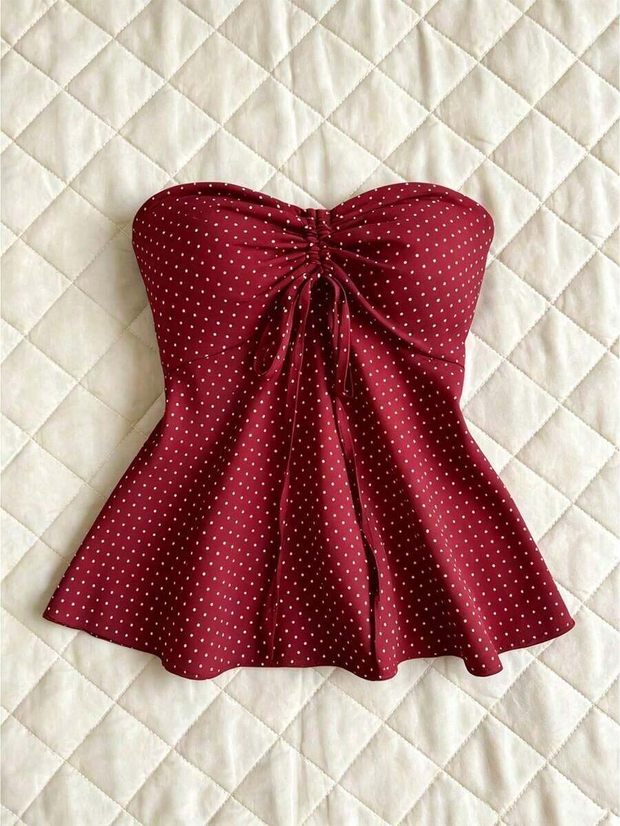 Top de tirantes con cintura ceñida y estampado de lunares, trajes de baño de primavera/verano para mujeres con parte superior de lunares con lazo, blusas de verano para mujeres con estampado de lunares, top sin tirantes con estampado de lunares - Burdeos - Ver 1