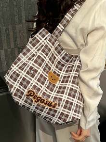 New Plaid Canvas Tote Bag, Large Capacity, Cute Bear Head Embroidery, Versatile Shoulder Bag For Students And Commuting - Multicolor - View 16