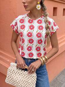 Camiseta con mangas de murciélago a rayas, informal, camisetas gráficas de verano para mujeres - Multicolor - Ver 1