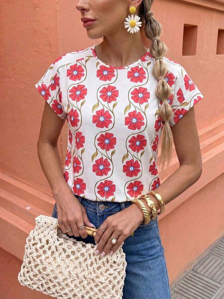 Camiseta con mangas de murciélago a rayas, informal, camisetas gráficas de verano para mujeres - Multicolor - Ver 1