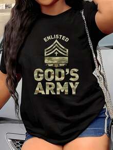1 Camouflage T-Shirt With "God's ARMY" Print And Cross Design. 1 Women's Plus Size Novelty Graphic Print Short-Sleeve T-Shirt, 100% Cotton, 220g. Casual Crew Neck T-Shirt, 180g, 100% Cotton. - 黑色 - 查看 7