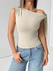 Camiseta de tirantes de unicolor informal con cuello de halter y lazada para el verano - Albaricoque - Ver 3