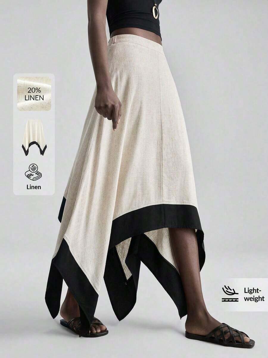 Ontre 2026 Falda asimétrica de mujer para primavera/verano, tela de lino suave a la piel, con ribete de color contrastante, atuendo elegante y moderno para invitada de boda, con sensación de lujo romántico minimalista francés, estilo urbano chic de oficina casual, estilo vintage de alta gama discreto, atuendo de alta calidad para aeropuerto/crucero, esencial para festival de Oriente Medio, tela premium versátil para todas las estaciones, falda de mujer para boda, uso en vacaciones/playa/oficina - Blanco y Negro - Ver 1