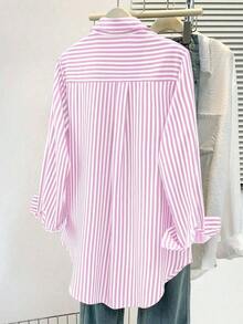 Camisa de manga larga a rayas clásica para mujer, con cuello, diseño de botones delanteros, decoración de bolsillo, adecuada para oficina y uso casual en primavera, verano, otoño e invierno - Rosa - Ver 5