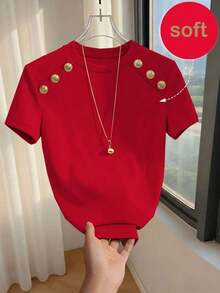 Camiseta ajustada de mujer de manga corta con cuello redondo y decoración de botones en color albaricoque sólido, adecuada para uso diario, casual y versátil, para verano - Rojo - Ver 1