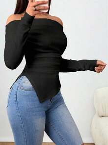 Camiseta con hombros descubiertos, hombros recogidos y bajo asimétrico - Negro 2 - Ver 4