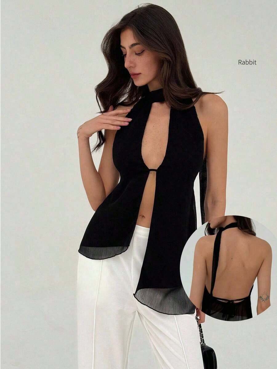 Top con cuello halter y espalda descubierta, asimétrico y sexy para mujer - Negro - Ver 1