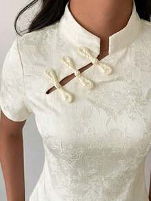 Blusa de cuello Mao de manga corta con cintura ceñida, estilo chino nuevo en color albaricoque, nuevo diseño de primavera/verano para mujer - Albaricoque 2 - Ver 3