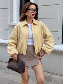 女士浅黄色拉链口袋夹克 - 休闲宽松翻领春秋外套 - 黃色 - 查看 4
