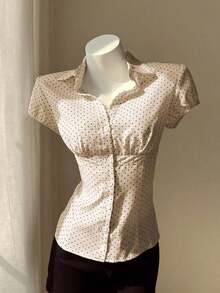Camisa de mujer con cuello en V, cintura fruncida y manga corta, color blanco, para primavera/verano - Albaricoque - Ver 3
