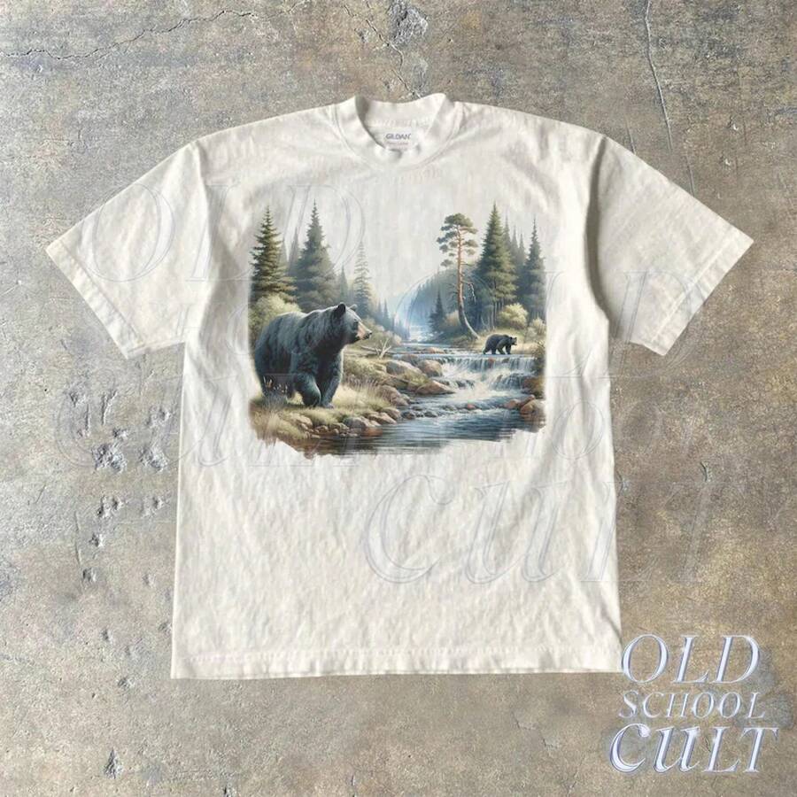 Camiseta Retro de Osos Negros de los 90, Ropa Vintage de los 90 para Acampar con Osos, Camiseta Boho Unisex para Adultos, Camiseta para Amantes de los Osos y la Naturaleza, Camiseta Oso Alfa - Blanco - Ver 1