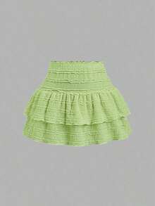 Falda mini casual y de resort Y2K con dobladillo de doble capa y ribete de volantes de unicolor - Verde - Ver 1