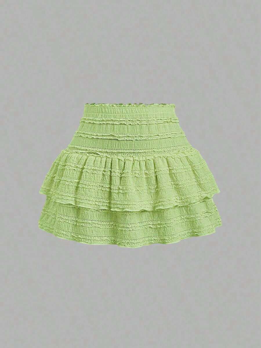 Falda mini casual y de resort Y2K con dobladillo de doble capa y ribete de volantes de unicolor - Verde - Ver 1