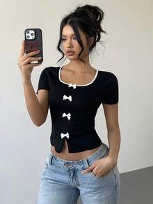 Camiseta casual de mujer de manga corta con adorno de lazo de color contrastante - Negro - Ver 1