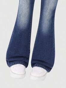 Explorewe Jeans de mezclilla estilo Y2K versátiles lavados y desgastados con pierna acampanada y elásticos para niñas adolescentes - Azul lavado oscuro 2 - Ver 7