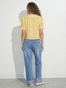Camisa casual con cuello de volantes, mangas cortas abultadas y abotonadura, top lindo de otoño, ropa bohemia, atuendo de regreso a la escuela, para otoño, invierno, vestimenta occidental para mujer - Amarillo claro - Ver 2