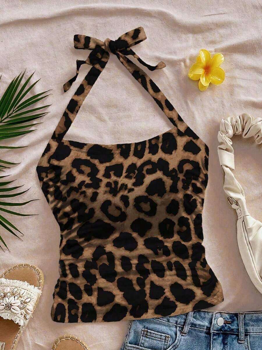 Top sin mangas ajustado de Body entero con estampado completo de leopardo, adecuado para el verano - Multicolor 2 - Ver 1