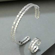 1 set Bracelet et bague en forme de nid d'abeille en cuivre avec strass, parure de bracelet ouvert et bague, accessoires rayés en zircone cubique, convient pour le quotidien, les rendez-vous, les fêtes, les cadeaux - Argent - Voir 1