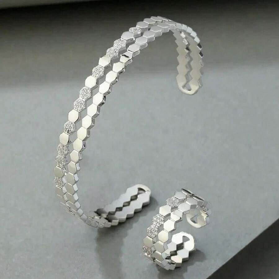 1 set Bracelet et bague en forme de nid d'abeille en cuivre avec strass, parure de bracelet ouvert et bague, accessoires rayés en zircone cubique, convient pour le quotidien, les rendez-vous, les fêtes, les cadeaux - Argent - Voir 1