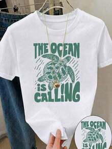 Women's Casual Short Sleeve Crew Neck T-Shirt With Sea Turtle Graphic Print, Polyester Fabric, Regular Fit, Women's Blouses, Women's T-Shirts, Casual Blouses For Ladies - 白色的 - 查看 9