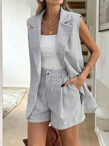 Conjunto de chaleco y pantalones cortos casuales para mujer, atuendo para ir al trabajo - Multicolor - Ver 12