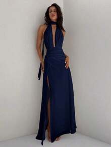 Vestido de gasa con cuello en V profundo y espalda descubierta con faja para fiesta de boda, vacaciones, primavera verano para mujer - Azul marino - Ver 7