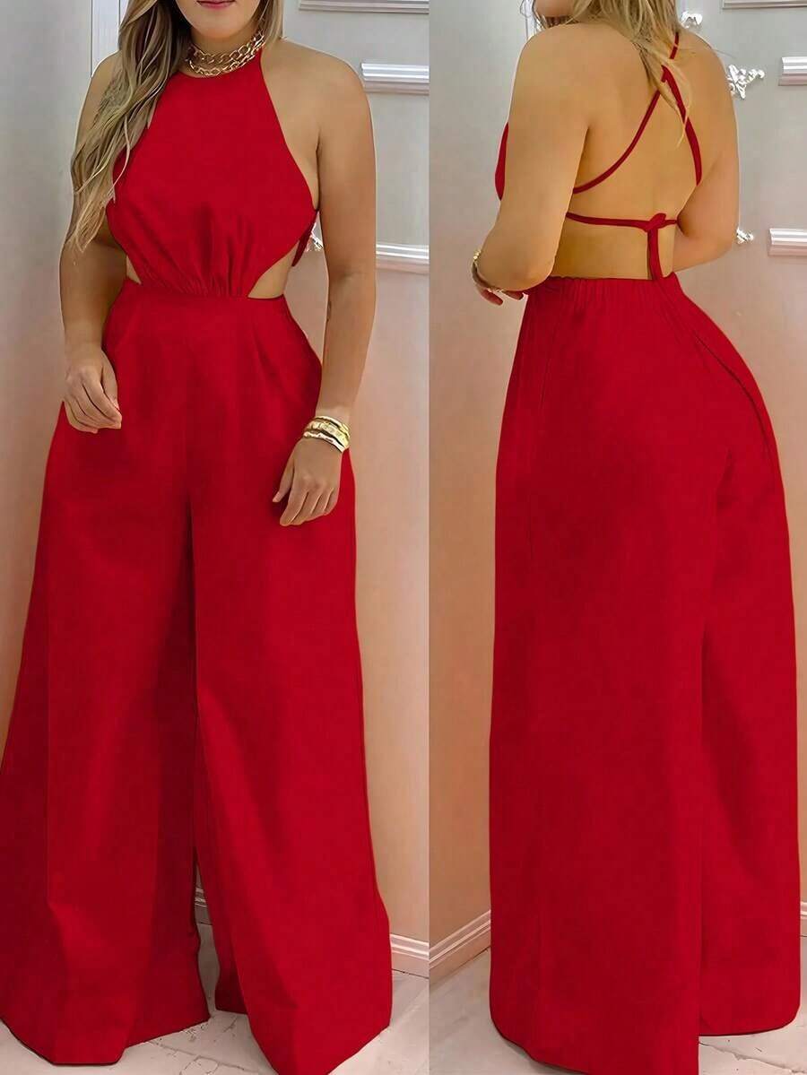 Mono casual de mujer con tirantes de halter, espalda descubierta y pierna recta - Rojo - Ver 1