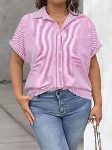 Vionelle Blusa casual de talla grande para mujer con estampado de rayas azul y blanco, de manga corta y abotonada, para el verano - Rosa - Ver 6
