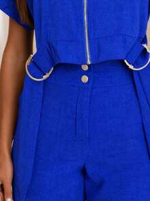 Women's Long Tailored Linen Set - Cropped Blouse And Pants - BLUE TIK LINEN - View 2
