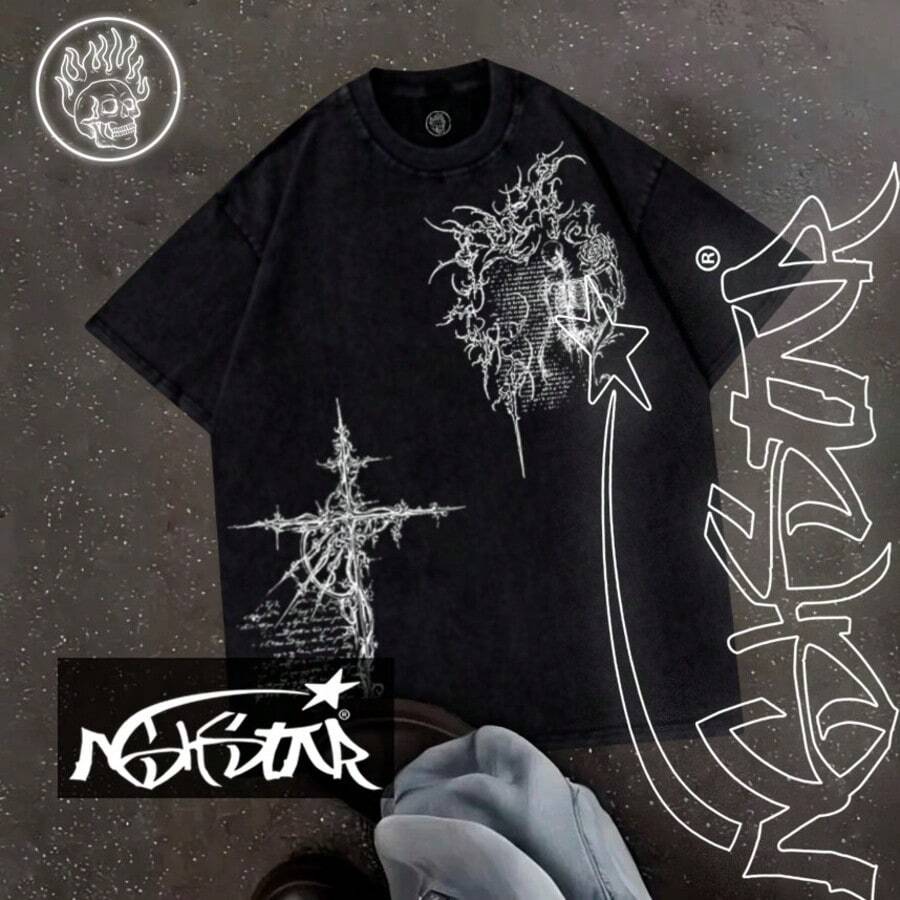 Premium 100% Cotton T-Shirt ASHSTAR "GOTHIC CROSS SKULL" - Black - View 1