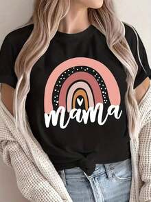 Camiseta con Estampado de Letras, Manga Corta, Cuello Redondo, Top Casual para Verano y Primavera, Ropa de Mujer - Negro - Ver 7