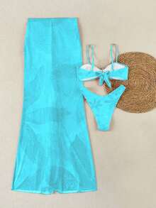 Nuevo Llegada Primavera/Verano Moda Mujer Elegante Casual Sexy Playa Vacaciones Cita Fiesta Conjunto Bikini Estampado Floral Tirantes Finos y Mini Falda - Azul - Ver 5