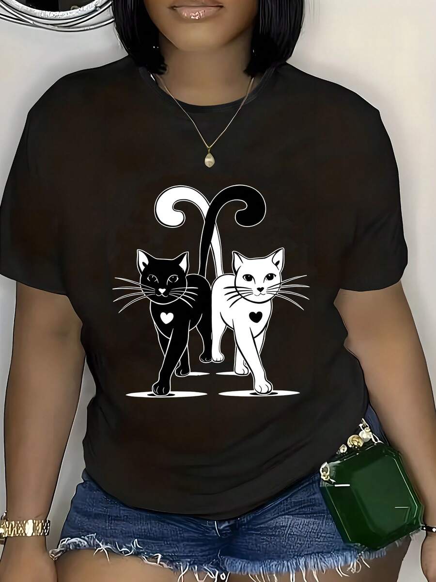 Camiseta de Tela Suave Talla Grande con Estampado de Gato Blanco y Negro - Camiseta casual de manga corta, adecuada para mujeres, cómoda para primavera y verano, fácil de lavar, camiseta de uso casual. | Diseño de Gato Optimista | Estilo cómodo, un regalo para amantes de los gatos, Camiseta de moda - Negro - Ver 1