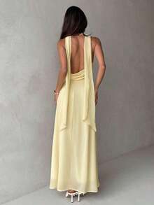 Vestido de mujer con cuello drapeado, línea A y espalda descubierta en color amarillo fluido - Amarillo - Ver 2