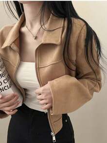Chaqueta de mujer de unicolor con cuello vuelto y cremallera, de manga larga, adecuada para uso diario, escuela y aeropuerto, primavera/otoño, color negro - Amarillo - Ver 1