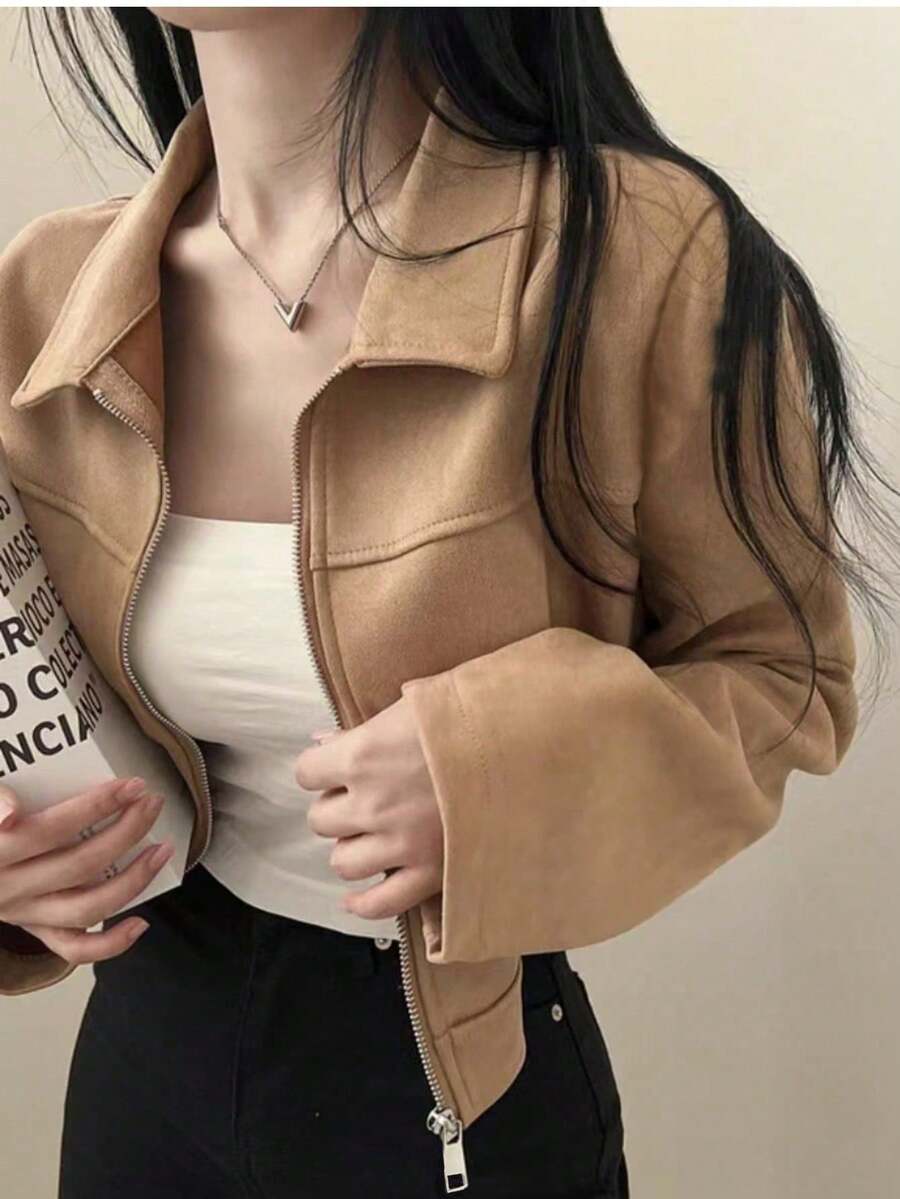 Chaqueta de mujer de unicolor con cuello vuelto y cremallera, de manga larga, adecuada para uso diario, escuela y aeropuerto, primavera/otoño, color negro - Amarillo - Ver 1