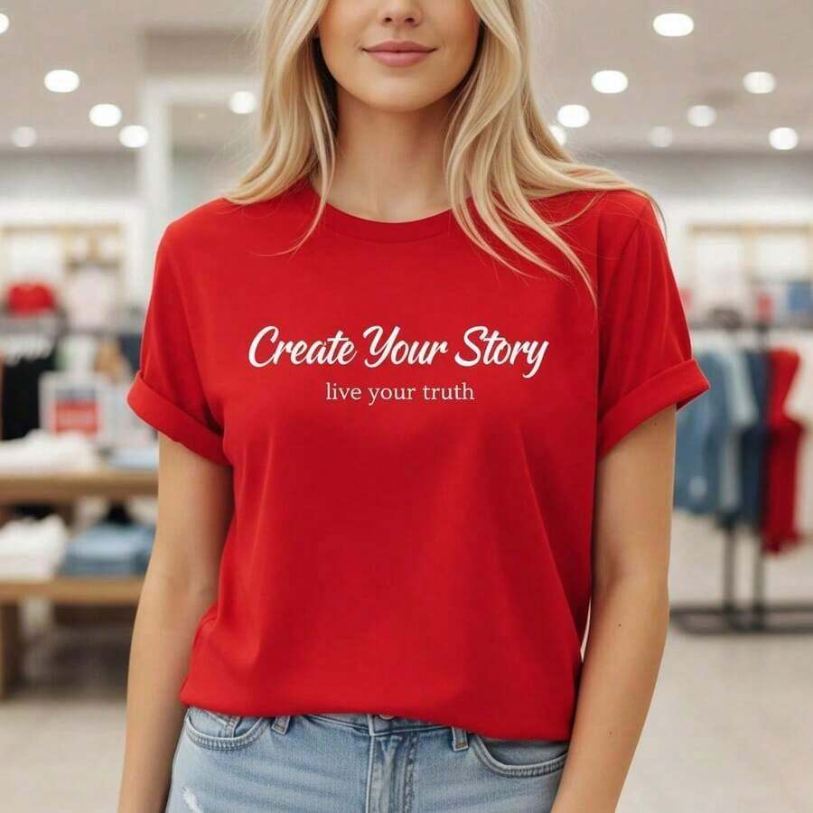 Camiseta Vintage de Manga Corta de Algodón Puro para Mujer, Estampado de Texto Personalizado, Cuello Redondo, Top Casual, Camiseta Básica Suave y Transpirable, Tallas S-5XL Disponibles, Camiseta Holgada para Uso Diario, Opciones de Color Negro/Blanco/Colorido, Prenda Esencial de Verano para el Guardarropa. - Rojo - Ver 1
