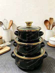3pcs Enamel Pots With Gold Rim, Mini Enamel Soup Pot, Porridge Pot, Milk Pot, Double-Ear Pot, Enamel Pot, Noodle Pot, Milk Pot, Enamel Bowl With Lid - View 4