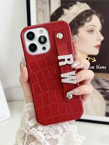 Customized Luxury Faux Crocodile Skin Rhinestone 3D Letter Faux Leather Wristband Phone Case, Compatible With Apple 17, 16, 15, 14, 13, 12, 11 Pro Max, 14, 15, 16 Plus, 17, Stylish Phone Cover DIY Gift, Phone Accessory - Navy Blue - View 5
