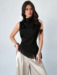 Blusa sin mangas elegante y casual para ir al trabajo, de vacaciones o a la playa, con estilo bohemio.Chaleco de mujer con cuello de satén marrón plisado, bajo asimétrico con flecos, elegante, versátil y apropiado para maestras - Negro - Ver 8