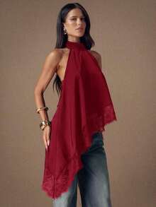 Top de satén con parches de encaje elegante sin espalda, blusa sexy de cuello halter sin mangas para fiestas, cócteles, ocasiones formales, Navidad y casual de negocios - Burdeos - Ver 2